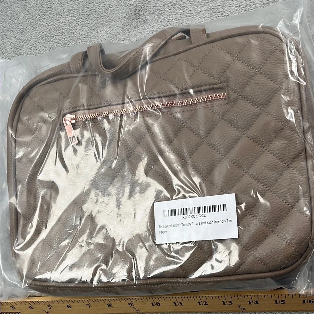 NEW Ms Lovely Toiletry Bag Quilted Tan Leather Tote Bag‎
